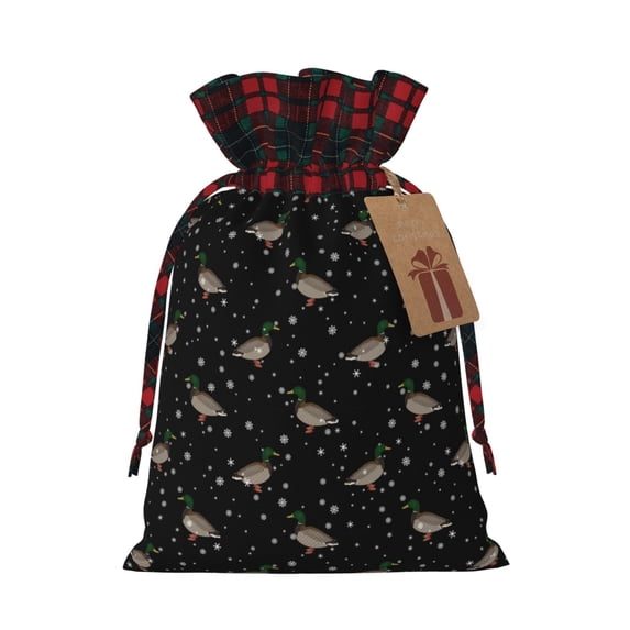 Cauagu Mallards And Snowflakes Print Christmas Linen Gift Bag,Christmas Goody Gift Bags with Plaid Drawstrings Xmas Presents Bags Holiday with Gift Tag Cards-Black