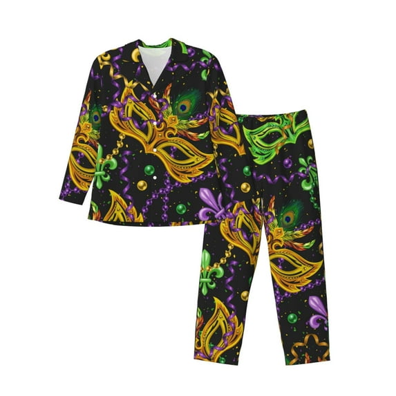 Cauagu Mardi Gras Surface Print Men's Long-Sleeve Pajama Set,Soft Button-Front 2Pjs for Men Long Sleeve Men’s Sleepwear-Medium
