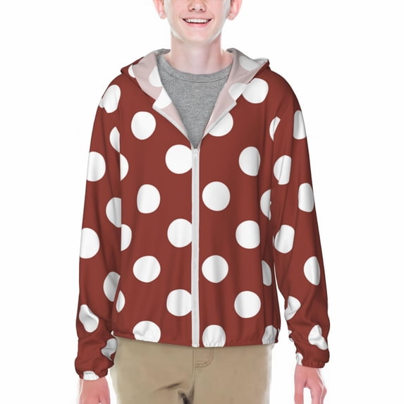 Cauagu Maroon And White Polka Dot Print Sun Protection Jacket for Teen,Full-Zipper Long Sleeve Sun Shirts with Pockets UV Hoodie Shirts Outdoor Athletic Jacket-Large