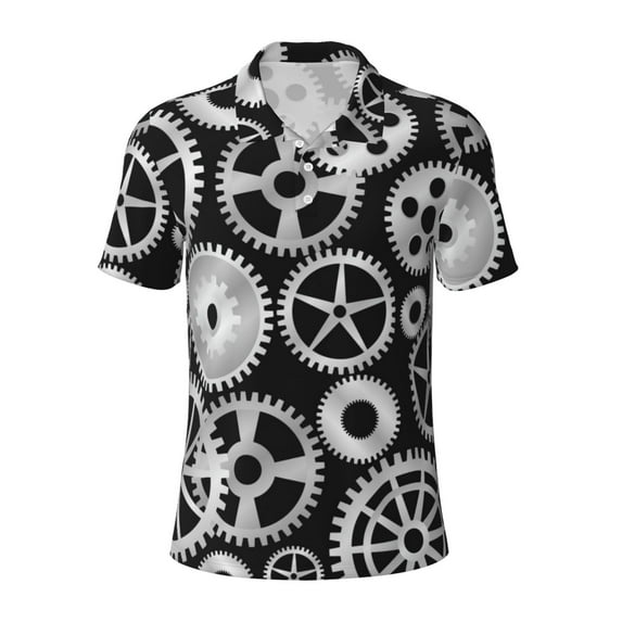Cauagu Metallic Gears Print Men's Polo Shirts, Short-Sleeve Polo Shirts for Men Performance Golf Shirt Athletic Casual Collared T-Shirt-X-Large