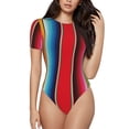 thumbnail image 1 of Cauagu Mexican Serape Blanket Stripes Women's Crew Neck Round Short Sleeve T Shirts Tops Bodysuit Daily Jumpsuit-Small, 1 of 7