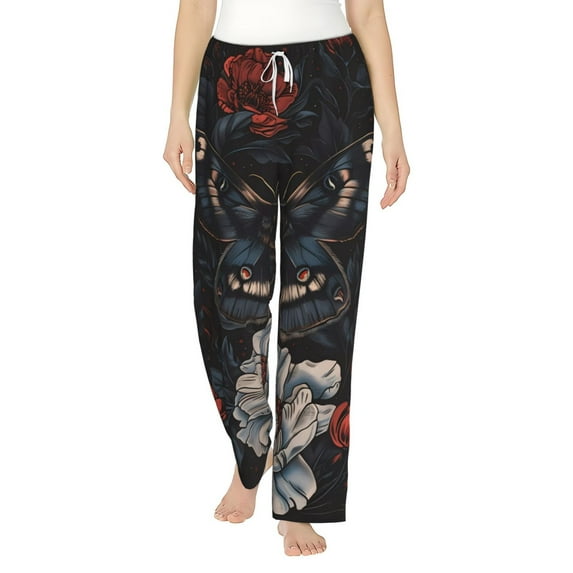 Cauagu Midnight Butterfly Floral Dream Pajama Pants for Women Loose Fit Wide Leg Trouser Pants Casual Elastic Waist Drawstring Lounge Pants