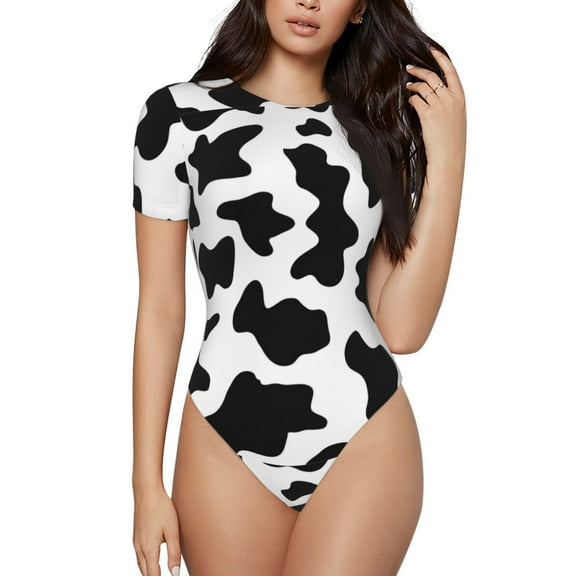 Cauagu Milk Cow Women's Crew Neck Round Short Sleeve T Shirts Tops Bodysuit Daily Jumpsuit-Small
