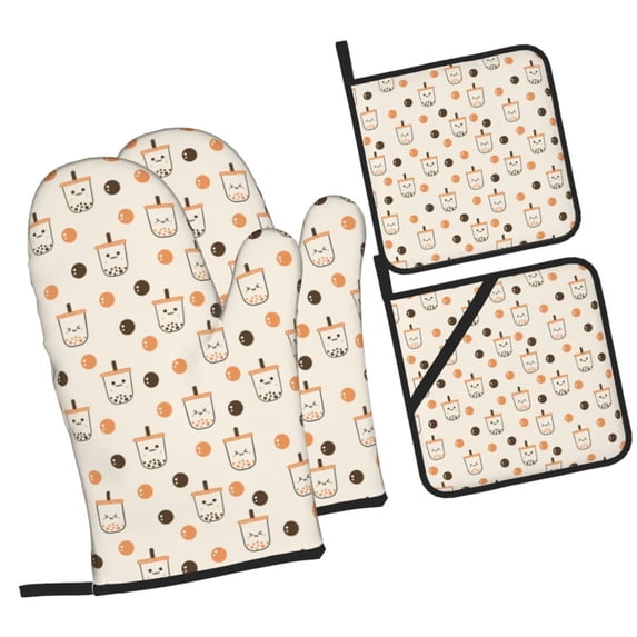 Cauagu Milk Tea Print Oven Mitts and Pot Holders 4 pcs Set,Extra Thicken Long Kitchen Oven Glove Potholders BBQ Gloves-Oven Mitts and Pot Holders(11 Inch)