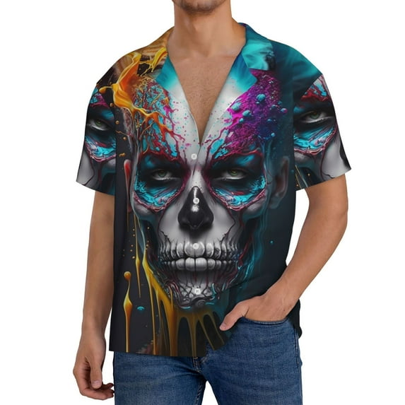 Cauagu Modern Abstract Colorful Skull Men's Short Sleeve Button Down Hawaiian Shirt for Men Bowling Shirts Casual Summer Beach Shirt,Large