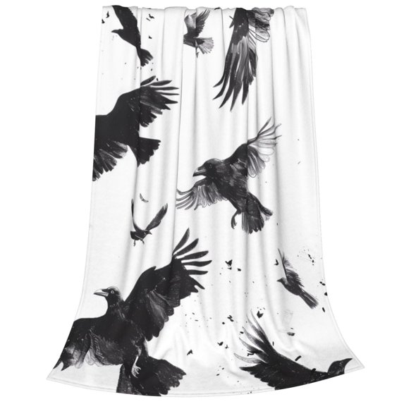 Cauagu Monochrome Flying Ravens Pattern Flannel Bed Blankets,Fleece Blanket Comfortable Air Conditioning Blanket for Sofa Bed Travel Couch & Living Room -80"x60"