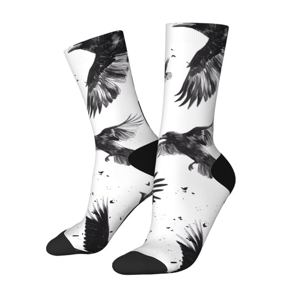Cauagu Monochrome Flying Ravens Print Crew Socks for Women and Men,Adult Athletic Running Socks 1-Pair Sports Socks Work Gear Socks with Moisture Wicking