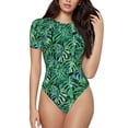 thumbnail image 1 of Cauagu Monstera Leaves Women's Crew Neck Round Short Sleeve T Shirts Tops Bodysuit Daily Jumpsuit-Small, 1 of 7