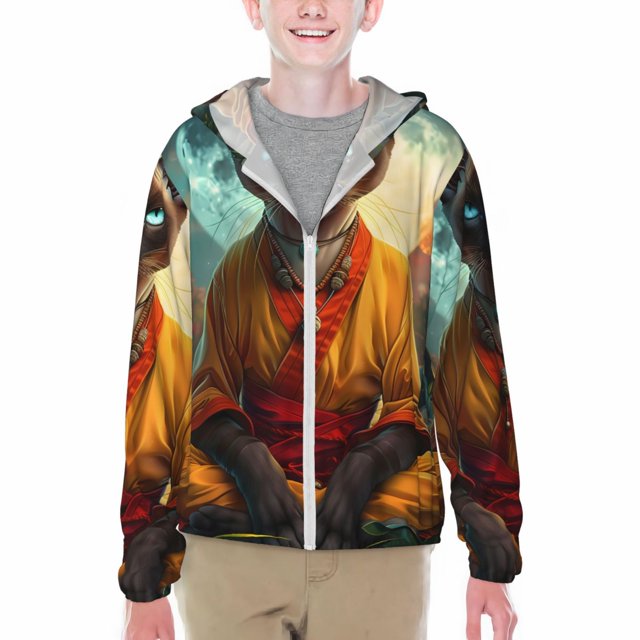 Cauagu Moonlit Hairless Cat Monk Print Sun Protection Jacket for Teen