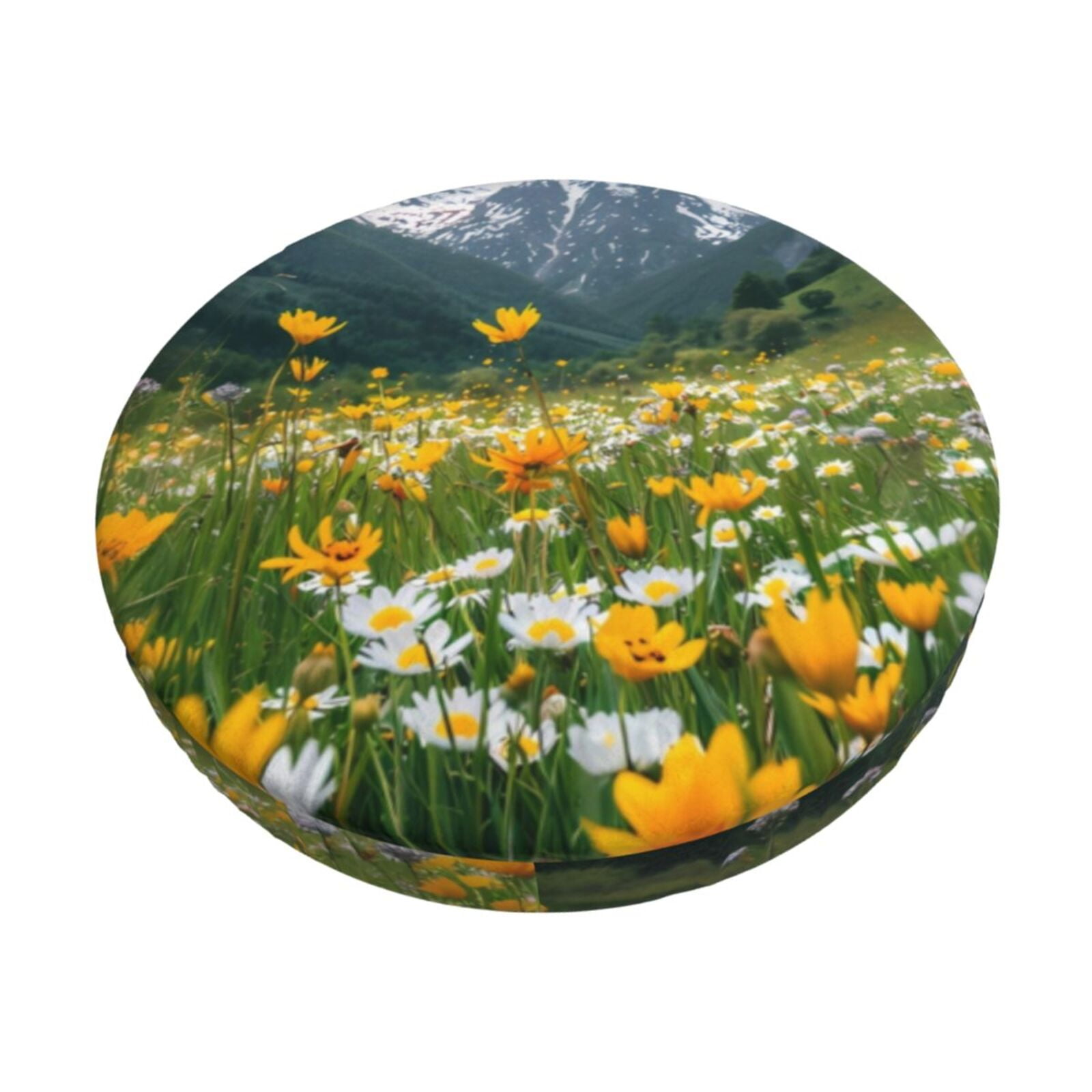 Cauagu Mountain Daisy Meadow Print Round Stool Covers,Seat Cushion for