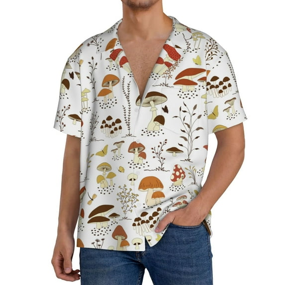 Cauagu Mushrooms And Butterflies Men's Short Sleeve Button Down Hawaiian Shirt for Men Bowling Shirts Casual Summer Beach Shirt,Small