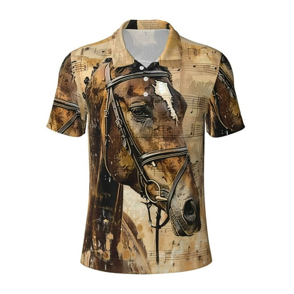 Cauagu Musical Horse Vintage Collage Print Men's Polo Shirts, Short-Sleeve Polo Shirts for Men Performance Golf Shirt Athletic Casual Collared T-Shirt-4X-Large