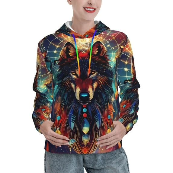 Cauagu Mystic Wolf Dreamcatcher for Women's Hooded Sweatshirts Pullover Hoodie for Women Fall Workout Sweat Long Sleeve Preppy Sweatshirts-XX-Large