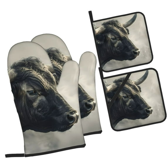 Cauagu Mystical Bull in Fog Print Oven Mitts and Pot Holders 4 pcs Set,Extra Thicken Long Kitchen Oven Glove Potholders BBQ Gloves-Oven Mitts and Pot Holders(11 Inch)