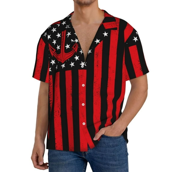 Cauagu Nautical American Flag Men's Short Sleeve Button Down Hawaiian Shirt for Men Bowling Shirts Casual Summer Beach Shirt,Large