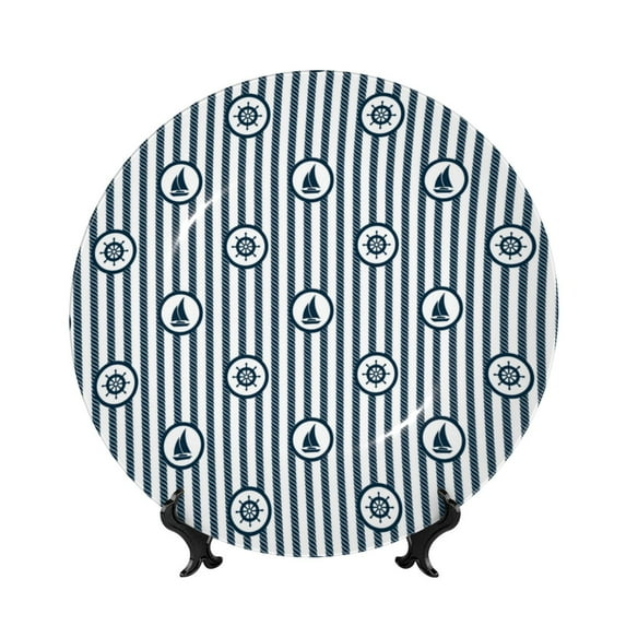 Cauagu Nautical1 Print Bone China Decorative Plate, Wall Mount Plate Holiday Decor Decorative Ceramic Plates with Stand Elegant Household Plates Decorative-7in