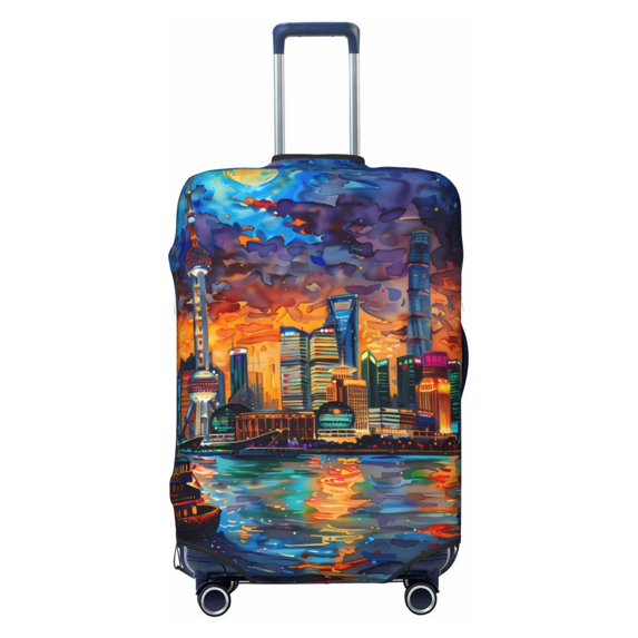 Cauagu Neon Shanghai Cityscape Night Print Travel Luggage Cover,Travel Dust-proof Suitcase Cover Softside Suitcase Protector for 18-32inch,Not Included Suitcase
