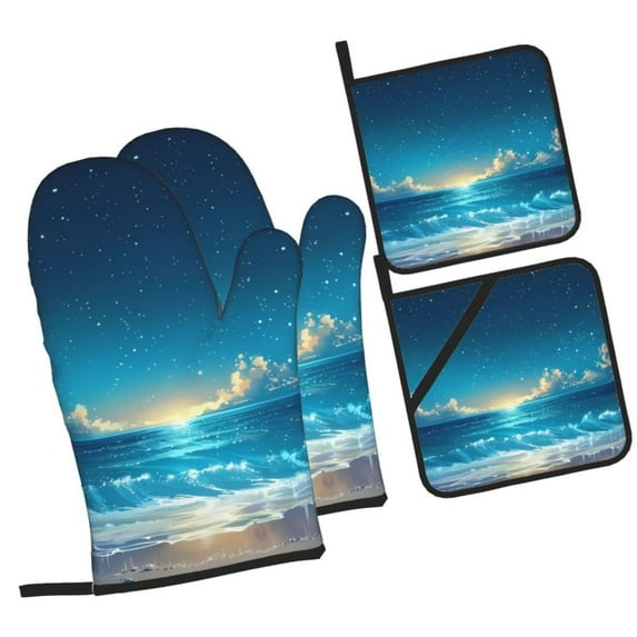 Cauagu Night Sky Beach Scene Print Oven Mitts and Pot Holders 4 pcs Set,Extra Thicken Long Kitchen Oven Glove Potholders BBQ Gloves-Oven Mitts and Pot Holders(11 Inch)