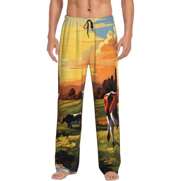 Cauagu Oil Painting Style Pasture Cow Mens Pajama Pants Sleep & Lounge Pants,PJ Bottoms with Pockets-Large
