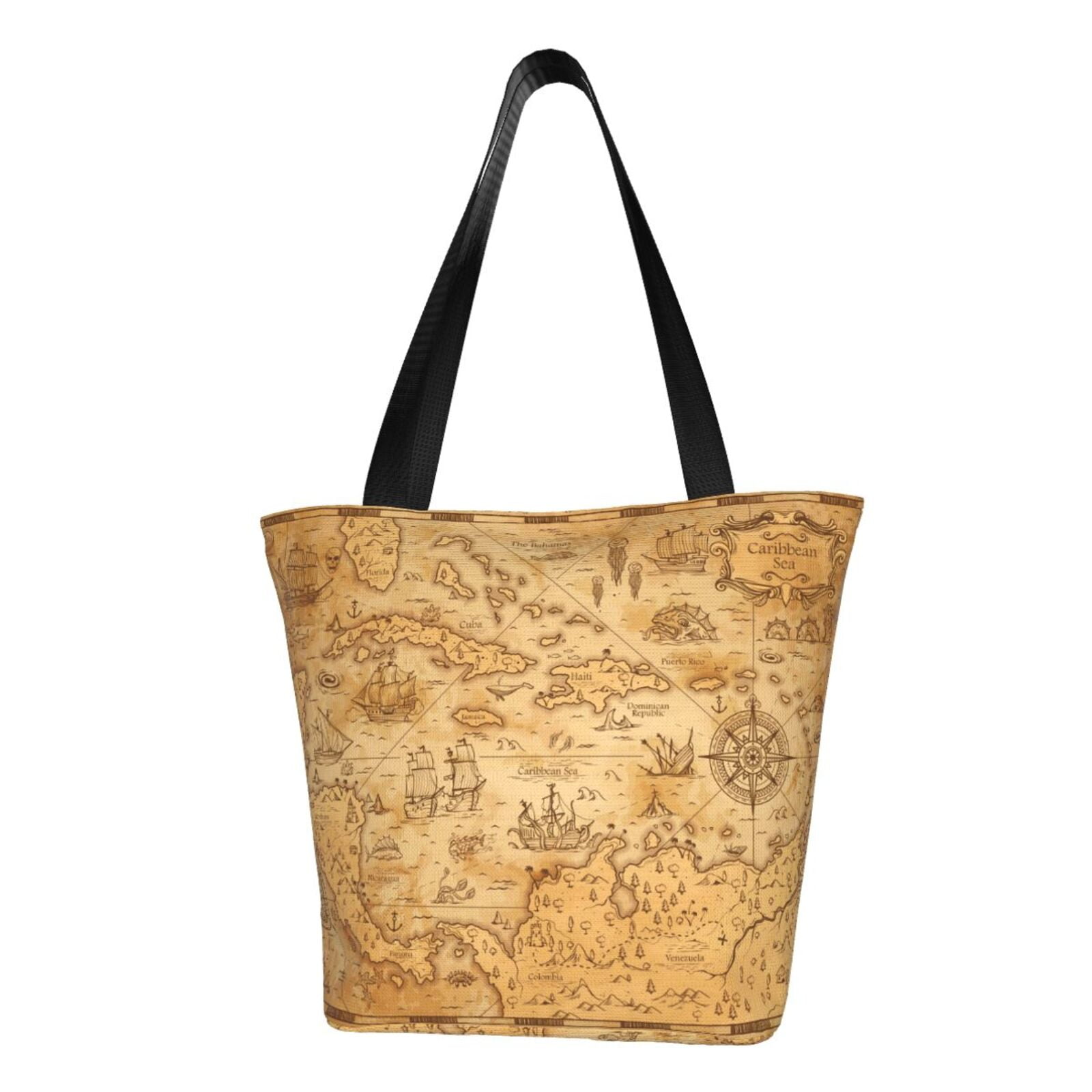 Cauagu Old Vintage Map Of Sea Print Canvas Aesthetic Tote Bag for Women