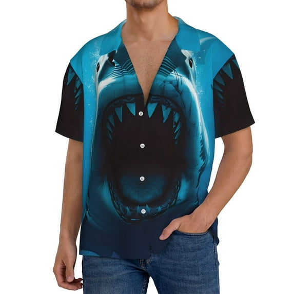 Cauagu Open-Mouthed Shark Men's Short Sleeve Button Down Hawaiian Shirt for Men Bowling Shirts Casual Summer Beach Shirt,X-Large