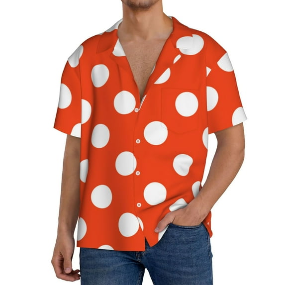 Cauagu Orange And White Polka Dot1 Men's Short Sleeve Button Down Hawaiian Shirt for Men Bowling Shirts Casual Summer Beach Shirt,3X-Large