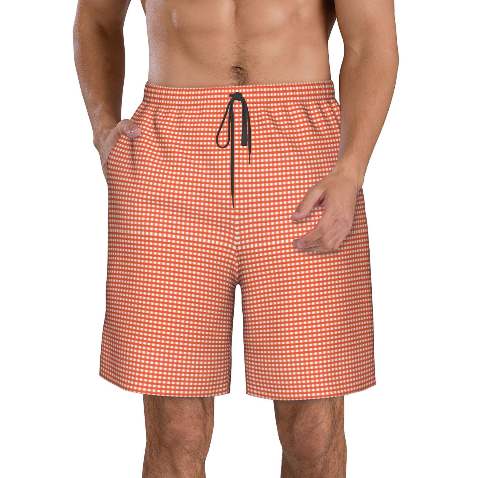 Cauagu Orange Gingham Print Men's Swim Trunks,Hawaiian Bathing Suit ...