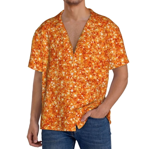 Cauagu Orange Glitter Men's Short Sleeve Button Down Hawaiian Shirt for Men Bowling Shirts Casual Summer Beach Shirt,3X-Large