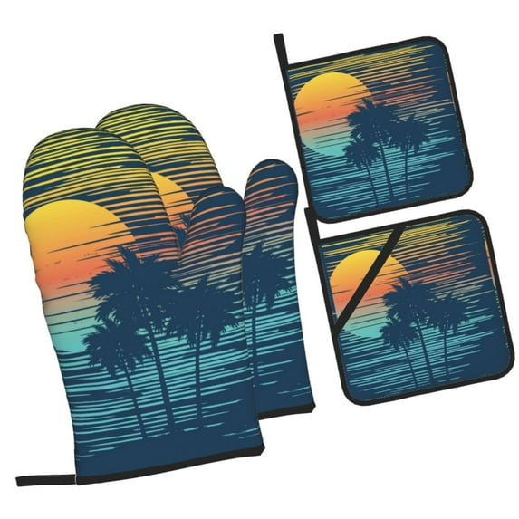 Cauagu Palm Trees Print Oven Mitts and Pot Holders 4 pcs Set,Extra Thicken Long Kitchen Oven Glove Potholders BBQ Gloves-Oven Mitts and Pot Holders(11 Inch)