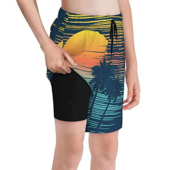 Cauagu Palm Trees Print Swim Trunks for Men,Youth Boys Swim Shorts Compression Liner Beach Shorts Boys' Swimming Shorts 7-20 Years Bathing Suit-Large