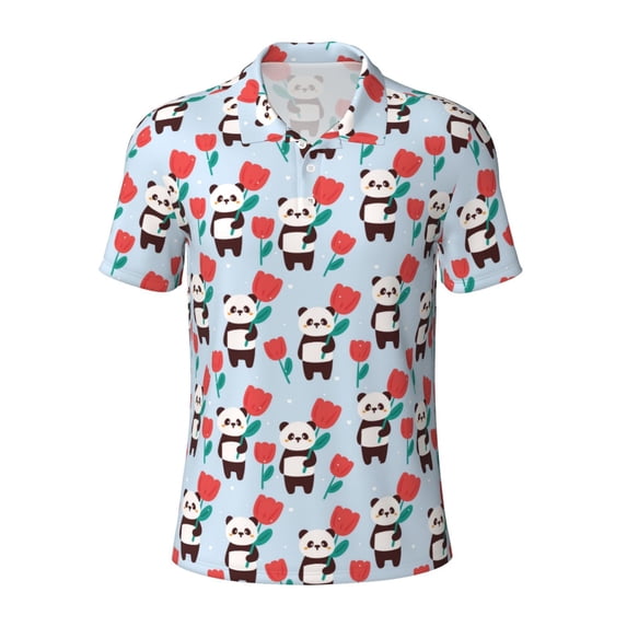 Cauagu Panda And Rose Print Men's Polo Shirts, Short-Sleeve Polo Shirts for Men Performance Golf Shirt Athletic Casual Collared T-Shirt-X-Large