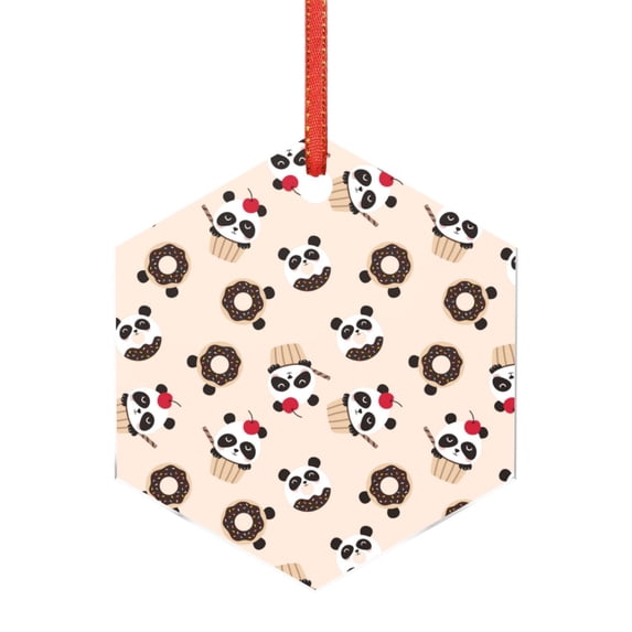 Cauagu Panda Ice Creams Donuts Pattern Acrylic Christmas Pendant,1-Pack Christmas Ornaments Xmas Tree Decor Christmas Décor with Ribbon Cute Tree Hanging for Party Favors-Hexagon