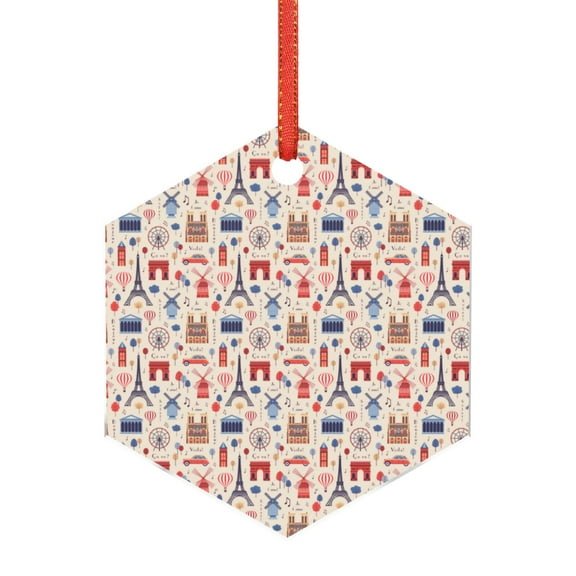 Cauagu Paris Pattern Acrylic Christmas Pendant,1-Pack Christmas Ornaments Xmas Tree Decor Christmas Décor with Ribbon Cute Tree Hanging for Party Favors-Hexagon