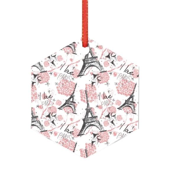 Cauagu Paris Pattern Acrylic Christmas Pendant,1-Pack Christmas Ornaments Xmas Tree Decor Christmas Décor with Ribbon Cute Tree Hanging for Party Favors-Hexagon