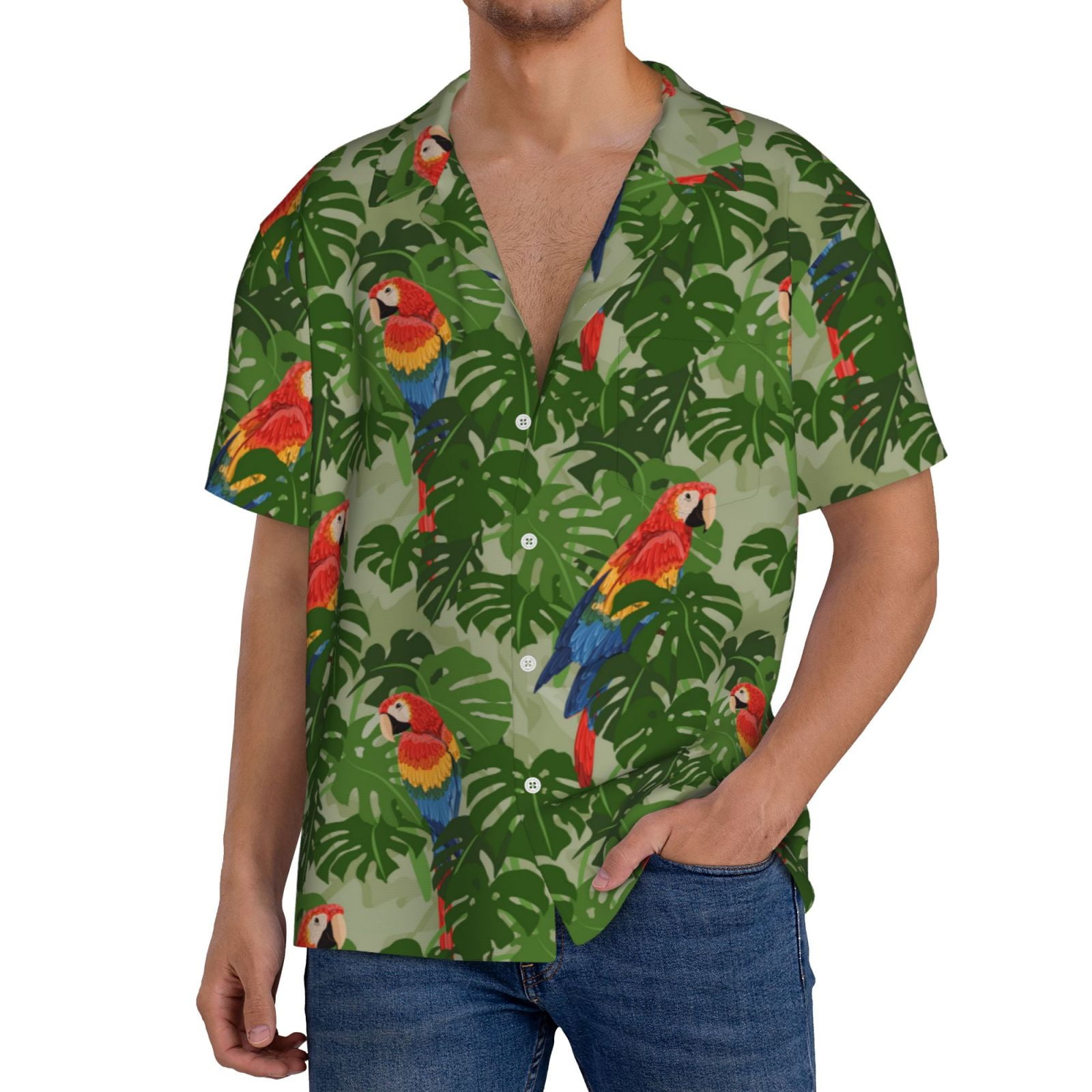 Cauagu Parrots And Tropical Leaves Men's Short Sleeve Button Down