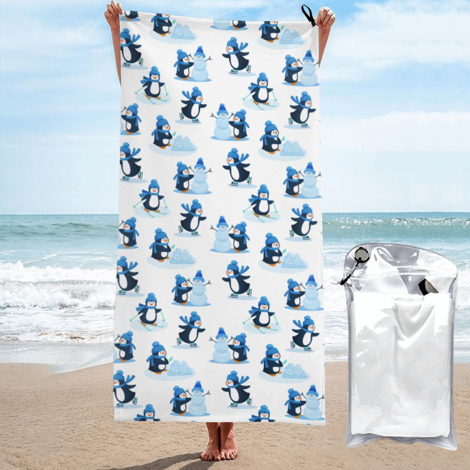 Cauagu Penguin Winter Fun Print Extra Large Bath Towels 1 Pack, Quick