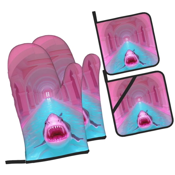 Cauagu Pink Shark Pool Fantasy Print Oven Mitts and Pot Holders 4 pcs Set,Extra Thicken Long Kitchen Oven Glove Potholders BBQ Gloves-Oven Mitts and Pot Holders(11 Inch)