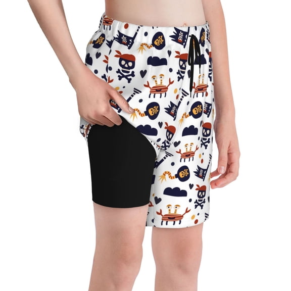 Cauagu Pirate Theme Print Swim Trunks for Men,Youth Boys Swim Shorts Compression Liner Beach Shorts Boys' Swimming Shorts 7-20 Years Bathing Suit-Medium