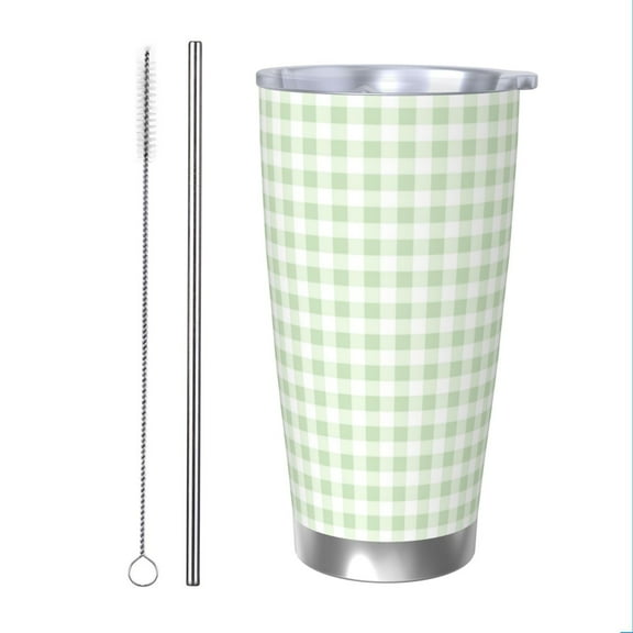 Cauagu Pistachio Green Checkboard Pattern 20oz Tumbler,Stainless Steel Vacuum Insulated Tumbler with Lid Insulated Coffee Mug Thermal Cup with Splash Proof Sliding Lid-Straw Two-piece Set