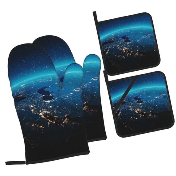 Cauagu Planet Earth Print Oven Mitts and Pot Holders 4 pcs Set,Extra Thicken Long Kitchen Oven Glove Potholders BBQ Gloves-Oven Mitts and Pot Holders(11 Inch)