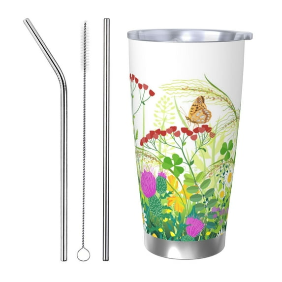 Cauagu Plants and Insects Pattern 20oz Tumbler,Stainless Steel Vacuum Insulated Tumbler with Lid Durable Insulated Coffee Mug Thermal Cup with Splash Proof Sliding Lid-Straw Three-piece Set