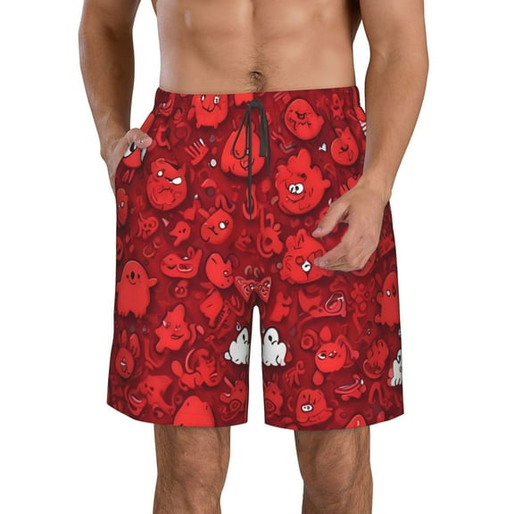 Cauagu Playful Red Cartoon Faces Print Men's Swim Trunks,Hawaiian Bathing Suit Swimsuits Beach Shorts with Pockets for Men Quick Dry Swimming Board Shorts-Large