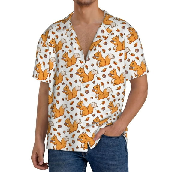 Cauagu Playful Squirrel Autumn Men's Short Sleeve Button Down Hawaiian Shirt for Men Bowling Shirts Casual Summer Beach Shirt,Medium