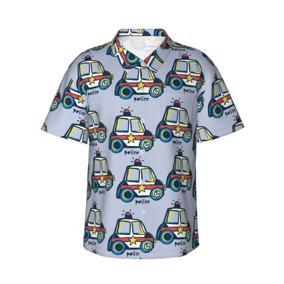 Cauagu Police Car Print Hawaiian Shirt for Men,Casual Short Sleeve Button Down Shirts Summer Beach Men's Regular-Fit Short-Sleeve Print Shirt -X-Large