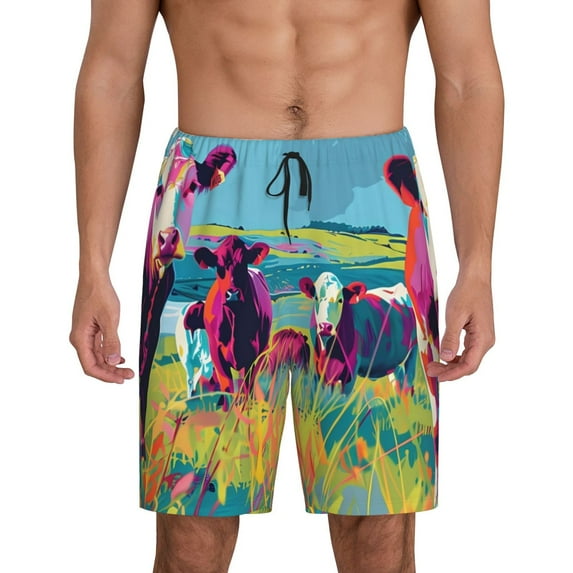 Cauagu Pop Art Colorful Cows Print Pajama Bottoms for Men Sleep Pajama Shorts Elastic Waistband Sleep Pajama Short Men's PJ Shorts -Large