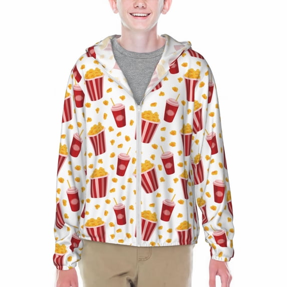 Cauagu Popcorn Print Sun Protection Jacket for Teen,Full-Zipper Long Sleeve Sun Shirts with Pockets UV Hoodie Shirts Outdoor Athletic Jacket-XX-Large