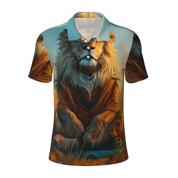 Cauagu Prairie Meditating Lion Print Men's Polo Shirts, Short-Sleeve Polo Shirts for Men Performance Golf Shirt Athletic Casual Collared T-Shirt-Small