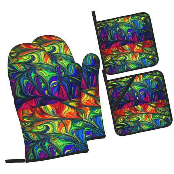 Cauagu Pride Rainbow Print Oven Mitts and Pot Holders 4 pcs Set,Extra Thicken Long Kitchen Oven Glove Potholders BBQ Gloves-Oven Mitts and Pot Holders(11 Inch)