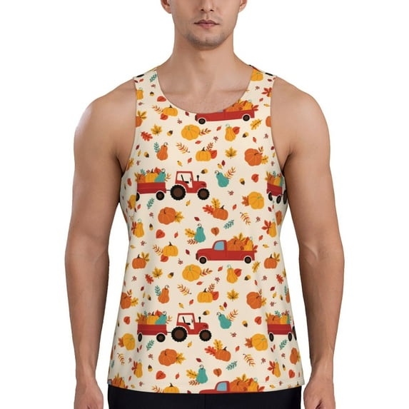 Cauagu Pumpkins On Red Car And Tractor Print Men's Sleeveless Muscle Shirts,Tank Tops Quick Dry Workout Tank Top Gym Muscle Tee Fitness Bodybuilding T Shirt for Men-XX-Large