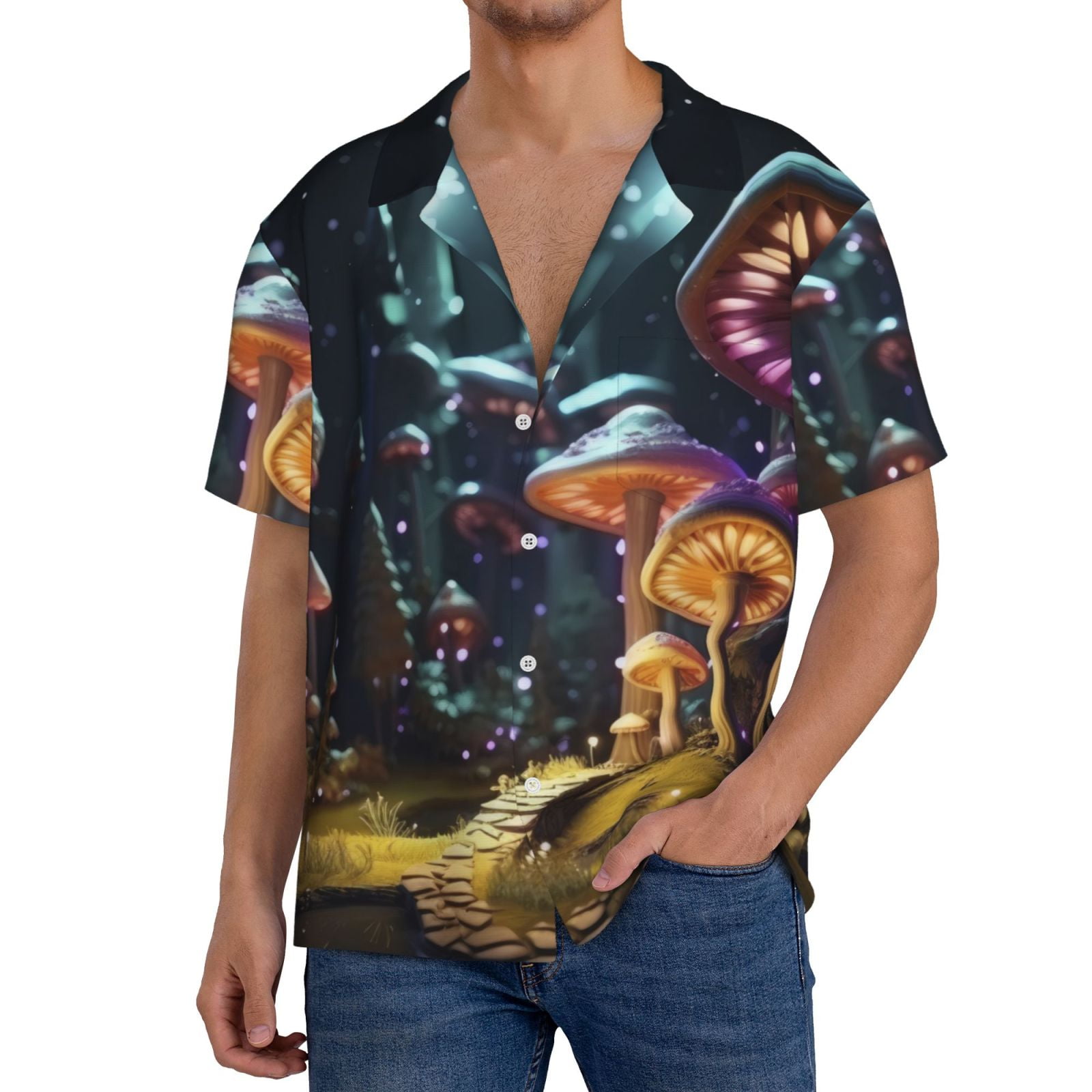 Cauagu Purple Glowing Mushroom Men's Short Sleeve Button Down Hawaiian